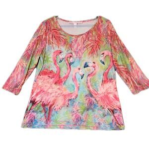 Leoma Lovegrove Pink Flamingo Knit Top Tunic Sz MP Colorful 3/4 Sleeve Pink‎